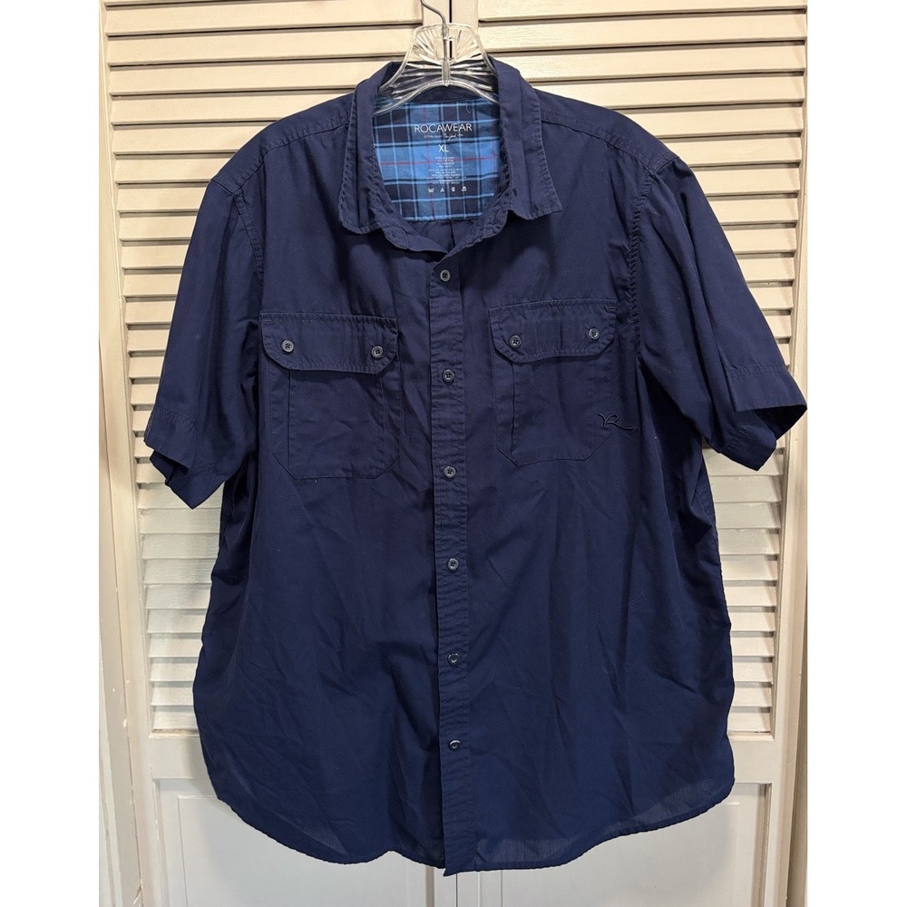 Rockawear Navy Short Sleeve Shirt Button Up Collared Men's Size XL Pocket Logo